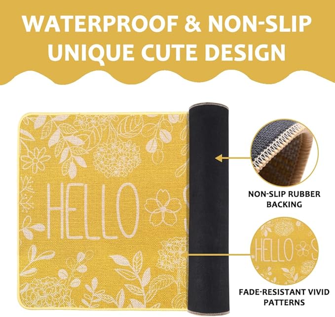 Hello Summer Door Mat Welcome Doormat, Plants Outdoor Rug Leaves Decor Floor Front Door Mat Non-Slip Entrance Mat for Home Kitchen Bathroom Decorations 17 X 29 Inch (Yellow)