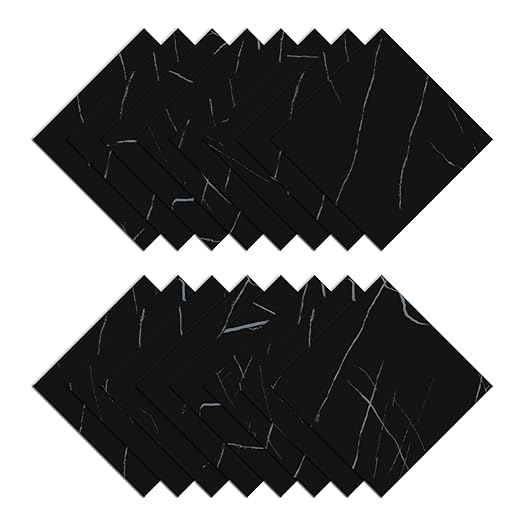 Wallercity Marble Black Peel and Stick Floor Tile 16PCS Self Adhesive Waterproof Stick on Floor Tiles Vinyl Flooring Stickers for Kitchen Bathroom Living Room 12''x12'' Matte Marble Black Tiles Sheets