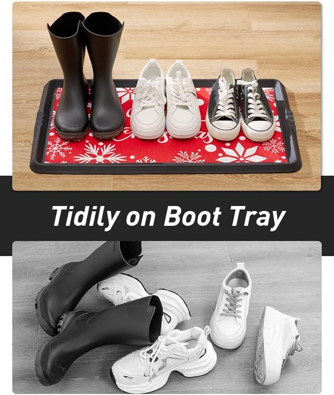SUPENUIN Christmas Boot Tray Mat - Heavy Duty Snow & Water Catch Tray, Waterproof Rubber Shoe Mat with Lip for Entryway, Indoor & Outdoor Holiday Decor Storage (16"x48")