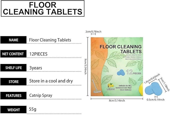 Floor Cleaning Solution Tablet 12pcs Deep Cleans for Multiple Hard Floors, Powerful Floor Cleaner Cleaning Solution Fresh Lemon Scent Compatible with Robot Mops & Wet/Dry Vacuums