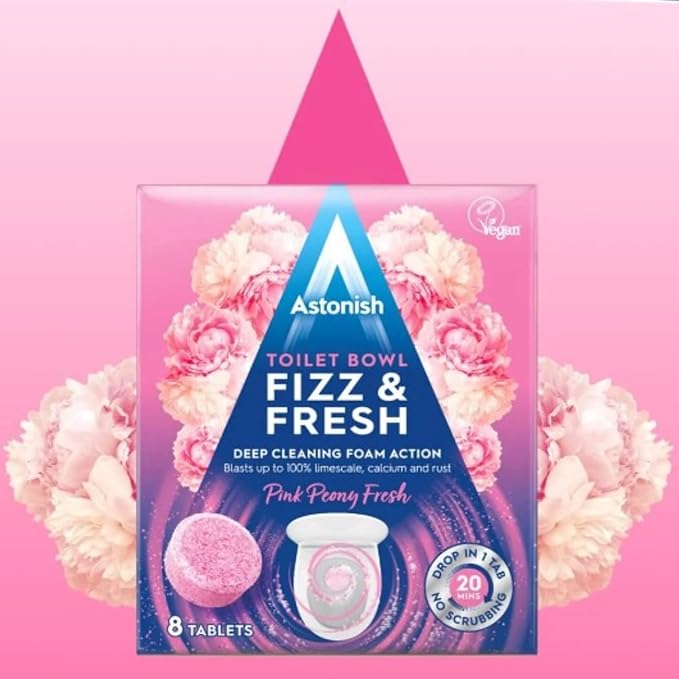 Astonish Fizz & Fresh Foaming Toilet Bowl Cleaner Tablets Bundle – Deep Cleaning Eucalyptus, Lemon Splash & Pink Peony Scents – Limescale, Calcium & Rust Remover for Hard-to-Reach Stains, 24 Tablets T