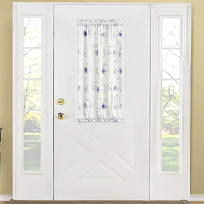 VOGOL Linen Textured French Door Curtains, 40 Inches Long Floral Embroidered Rustic Door Panel, 1 Piece Rod Pocket Curtain for Front Glass Windows, Blue on Beige