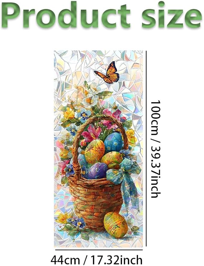 Window Film Mat 39.4 x 17.3 Inch PVC Decorative Easter Basket Window Film Floral Egg Pattern Glass Covering for Home Office Kitchen Bathroom Seasonal Privacy Light Filtering Design