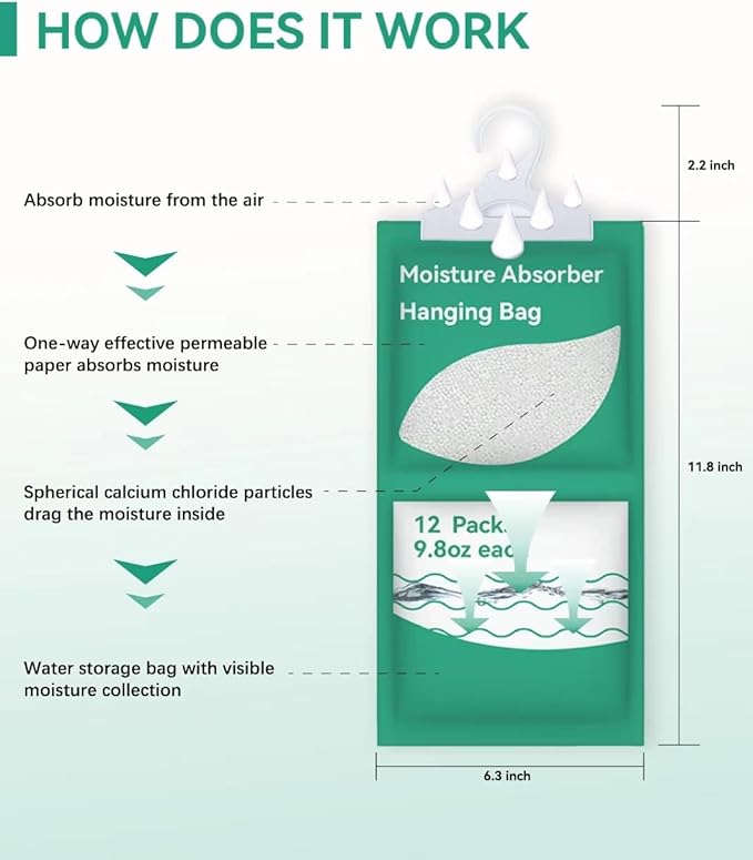 Moisture Absorbers Packets, Fragrance Free (12 Pack), Humidity Packs, Hanging Closet Dehumidifier Bags, Moisture Absorb 9.8OZ Hanging Bags for Bedroom, Kitchen, Basement, Storeroom, Study