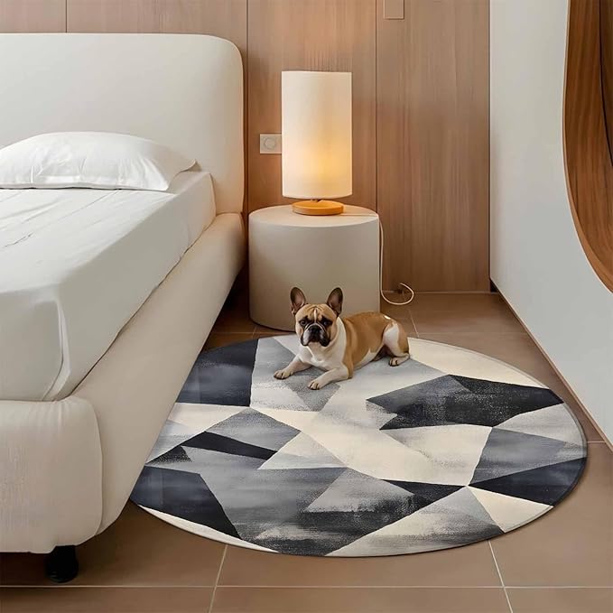 Color Block Large Round Rug 8Ft, Modernism Blue Beige Line Abstract Art Circle Area Rugs Washable Non Slip Indoor Floor Mats Carpet for Living Room Bedroom Dining Room Home Decor