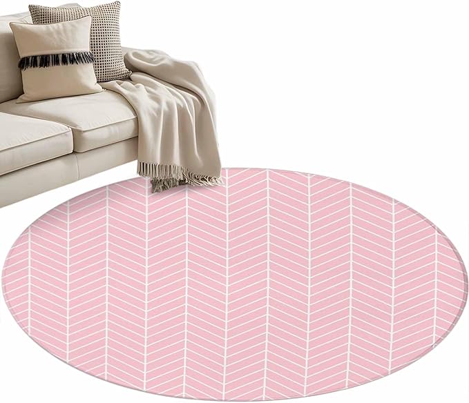 Pink Herringbone Stripes Small Round Rug 3 Ft, Modern Abstract Geometric Pink Simple Lines Area Rugs Washable Non Slip Indoor Floor Mats Circle Carpet for Living Room Bedroom Dining Room Home Decor