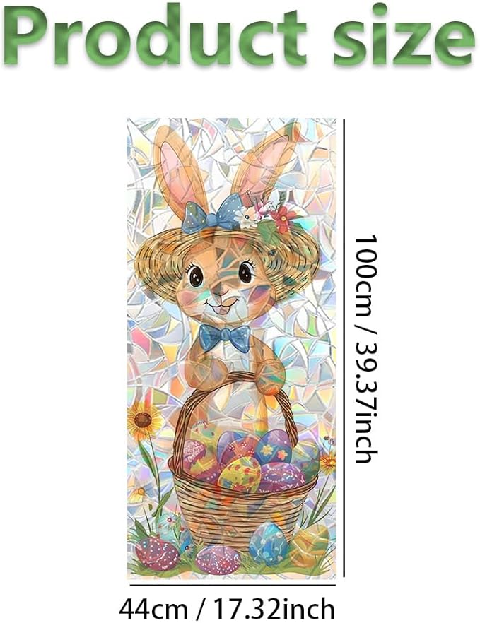 Easter Window Film Bunny with Basket of Colorful Eggs Spring Floral Artwork Decorative PVC Window Film for Entryway Bedroom Playroom Adds Cheerful Holiday Window Style