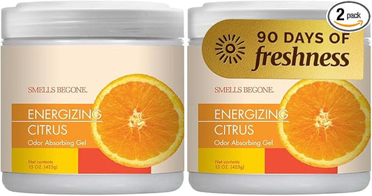 SMELLS BEGONE Air Freshener Odor Absorber Gel - 15 oz, Pack of 2 - Absorbs and Eliminates Odor in Pet Areas, Bathrooms, Cars, & Boats - Made with Essential Oils - Energizing Citrus Scent