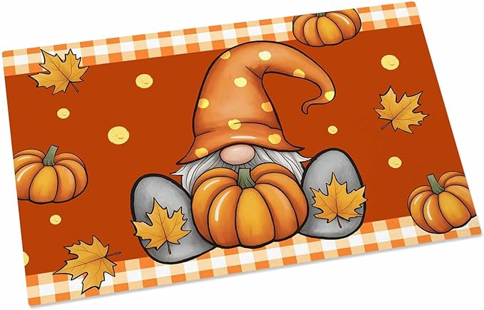 Welcome Door Mat 18x30in,Autumn Harvest Gnome Pumpkin Indoor Entryway Doormats Non-Slip Bath Rug Absorbent Front Door Mat,Thanksgiving Maple Leaves Orange Floor Carpet for Bedroom Bathroom