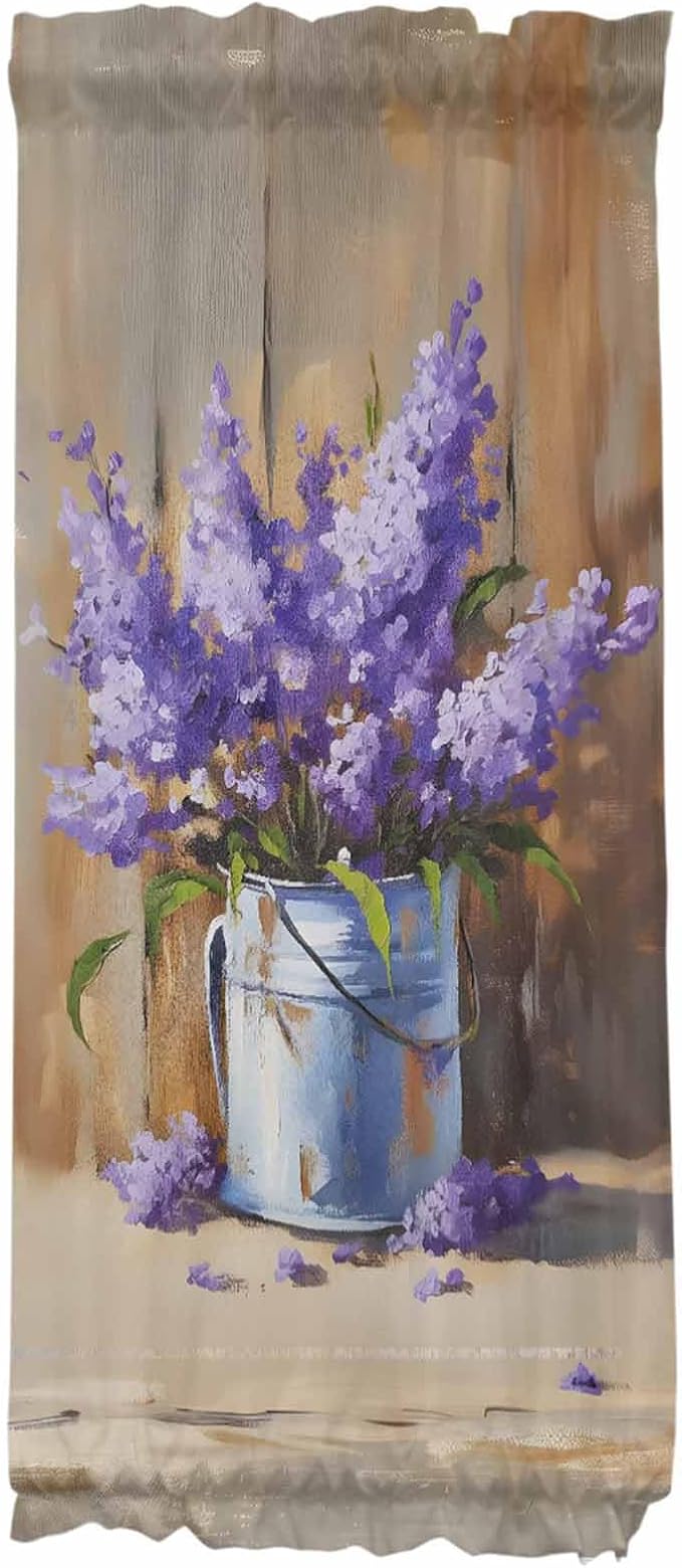 French Door Curtain Panel for Front Door, Lavender Wood Fence Oil Painting Country Slidelight Door Curtains with Tieback Light Filtering Privacy Panels for Doorway Entryway 25"x 40"