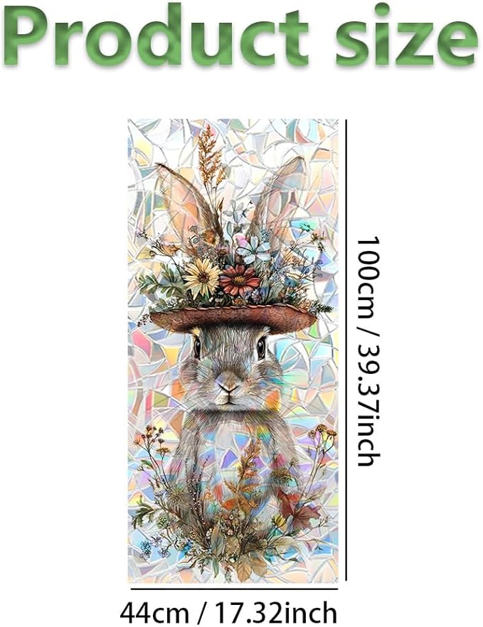 Easter Window Privacy Film 39.4 x 17.3 Inch PVC Bunny Floral Hat Crescent Texture Decorative Glass Covering with Sunlit Glossy Shine for Bathroom Kitchen Living Room Privacy Accent