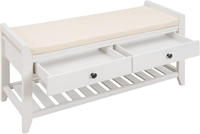 Knocbel Entry Storage Bench Shoes Rack with Cushioned Seat, 2 Drawers & Slatted Shelf, Living Room Entryway Hallway Foyer Shoe Bench Bedroom End of Bed Bench (White)