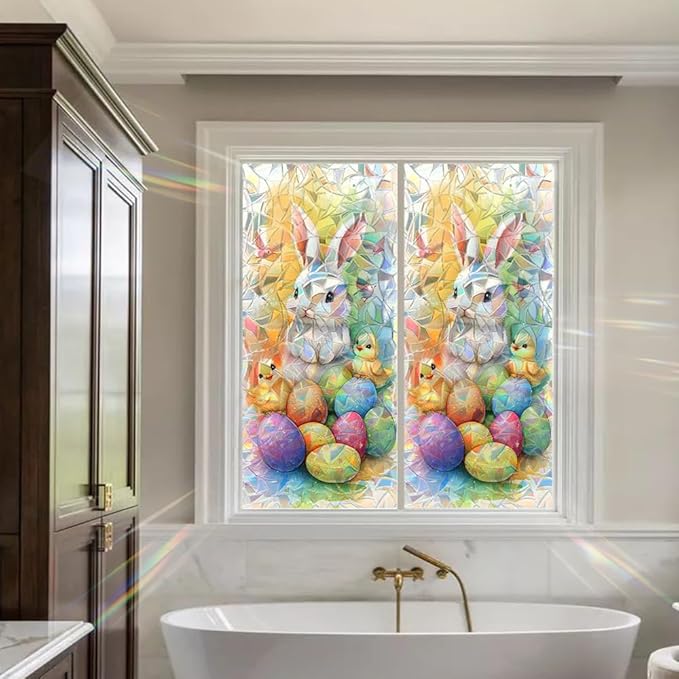 Easter Window Film Bunny Chick and Colorful Egg Design Decorative PVC Window Film for Home Kids Room Entryway Adds Festive Privacy and Soft Light Filtering
