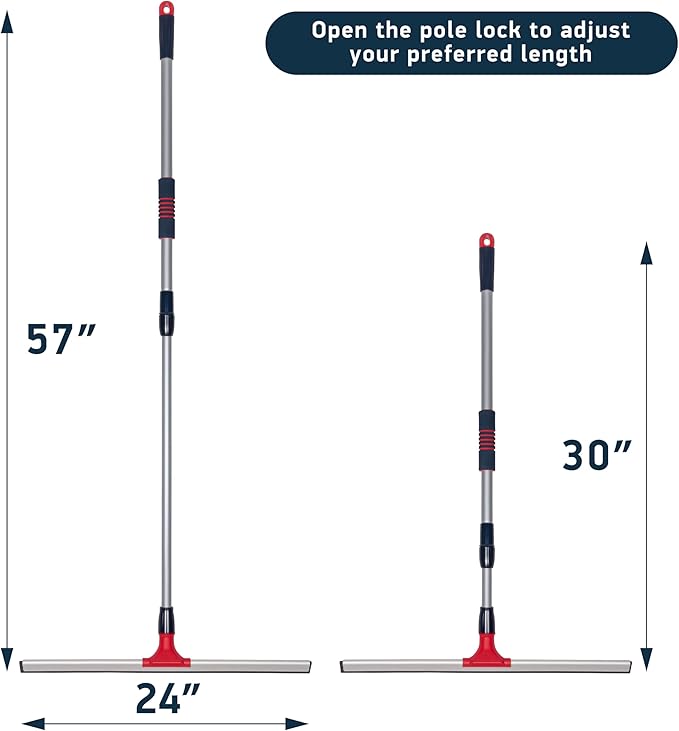 DSV Standard Professional Floor Squeegee for Concrete Floor, 24" Large Heavy Duty Squeegee for Floor, Squeegee Broom for Floor with Telescopic Handle 30”–57” for Tiles, Garage, Deck, Bathroom, Window