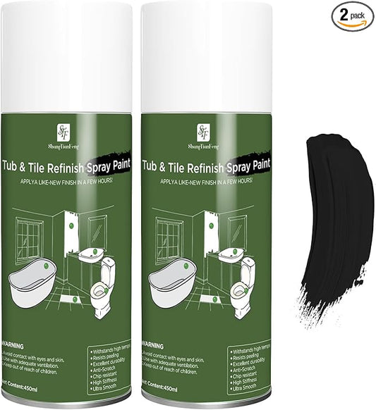 Black Spray Tub and tile Paint 450ml*2 Pack,Bathroom Wallpaper,Bathtub and Tile Spray Ceramic Glass Window Privacy,Electrical appliances,ceramic flowerpot Paint, Kitchen countertop Tile Refinishing Kit, for Porcelain Fiberglass Ceramics, DIY Countertop...