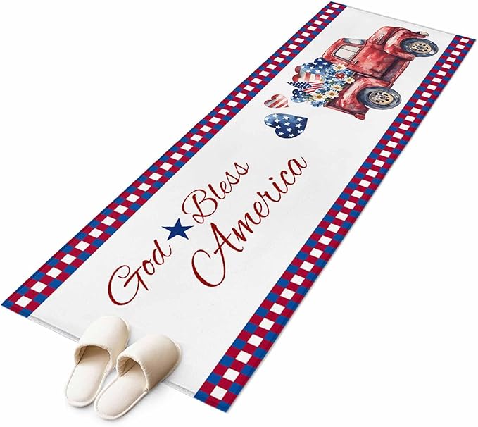 Red Truck USA Flag Stars Runner Rug 2'x6', God Bless America Hallway Runner Rugs Washable Non-Slip Bedside Floor Mats Carpet for Kitchen Bedroom Laundry Room Bathroom