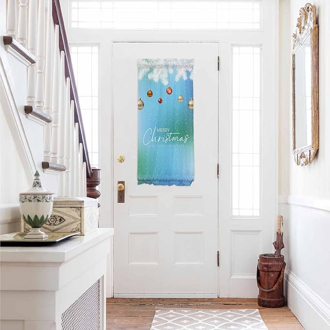 Christmas French Door Curtain Panel for Front Door, Blue Green Gradient White Pine Needle Xmas Balls Slidelight Door Curtains with Tieback Light Filtering Privacy Panels for Doorway Entryway 25"x 40"