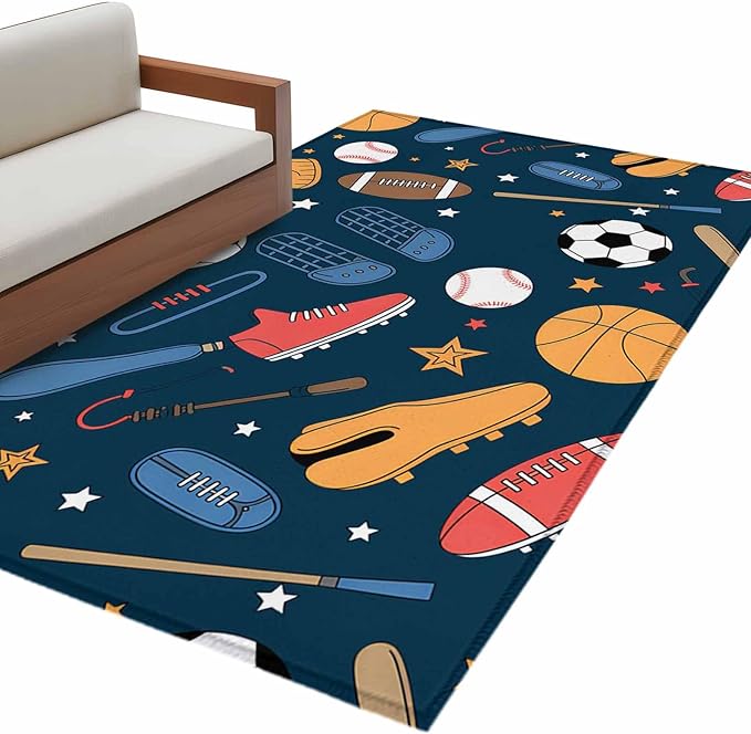 Cartoon Sports Area Rugs 2.7'x5', Baseball Soccer Basketball Rugby Sneakers Washable Area Rugs Non-Slip Indoor Floor Mats Carpet for Living Room Bedroom Dining Room