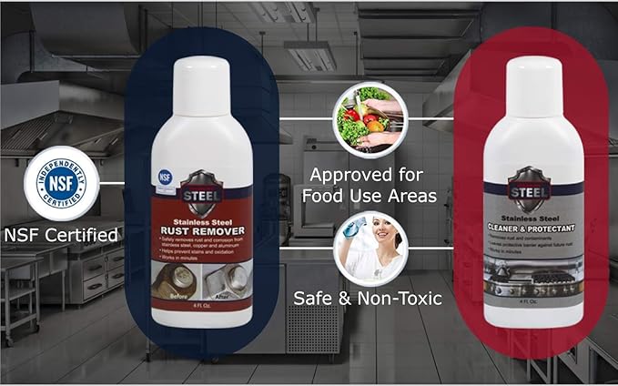 CLEAN MY STEEL Stainless Steel Rust Remover and Protector Kit, NSF Certified, 8.5 oz, Includes B570 Rust Remover, B580 Cleaner and Protector, Sponge and Gloves