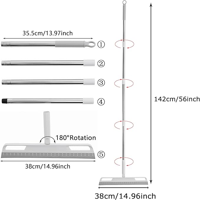 Multifunction Rubber Air Broom, Silicone Floor Squeegee with 56" Long Handle, Rubber Sweeper, Air Broom for Floor Bathroom Kitchen Shower Tile Pet Hair Fur Marble Glass Water Window Foam Clean (Grey)