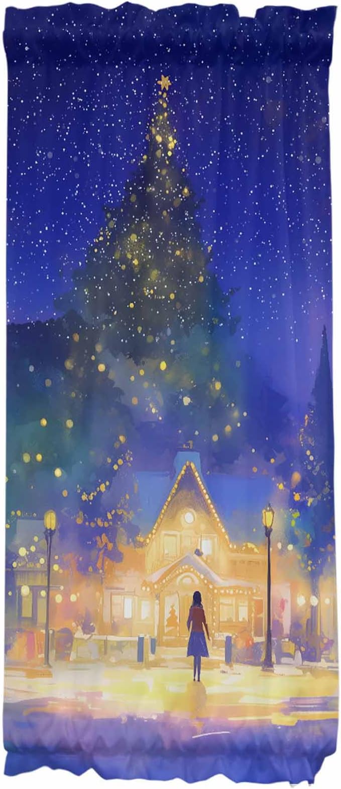 Christmas French Door Curtain Panel for Front Door, Watercolor House Xmas Tree Snowy Night Slidelight Door Curtains with Tieback Light Filtering Privacy Panels for Doorway Entryway 25"x 40"
