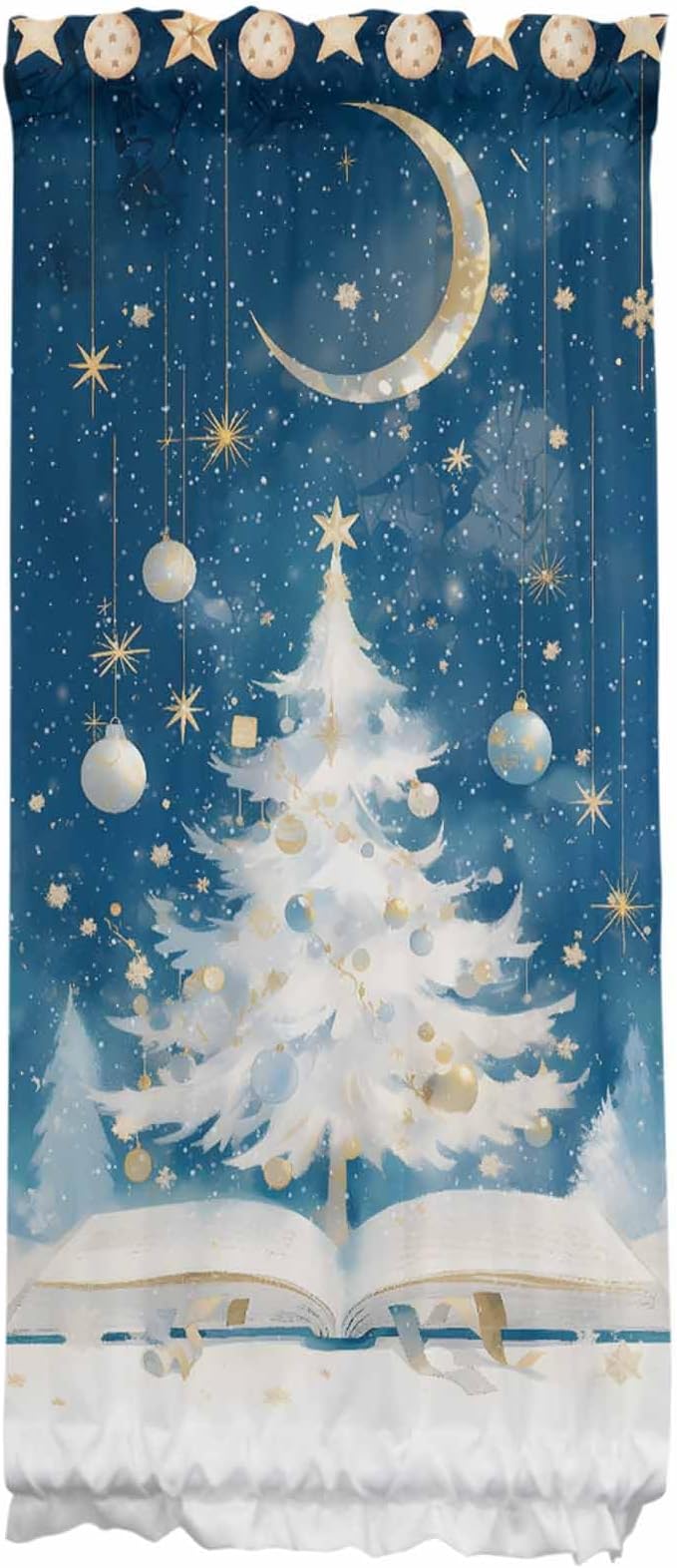 Christmas French Door Curtain Panel for Front Door, Blue Ink Night Moon White Book Xmas Trees Slidelight Door Curtains with Tieback Light Filtering Privacy Panels for Doorway Entryway 25"x 40"