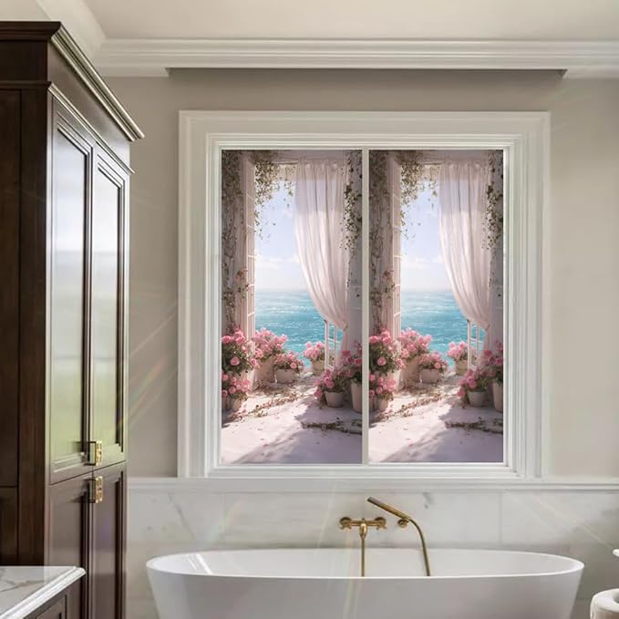 Window Privacy Film 17x39 Inch Coastal Balcony with Flowers and Ocean View Decorative Window Privacy Film Peel and Stick Static Cling for Glass Door and Home Windows