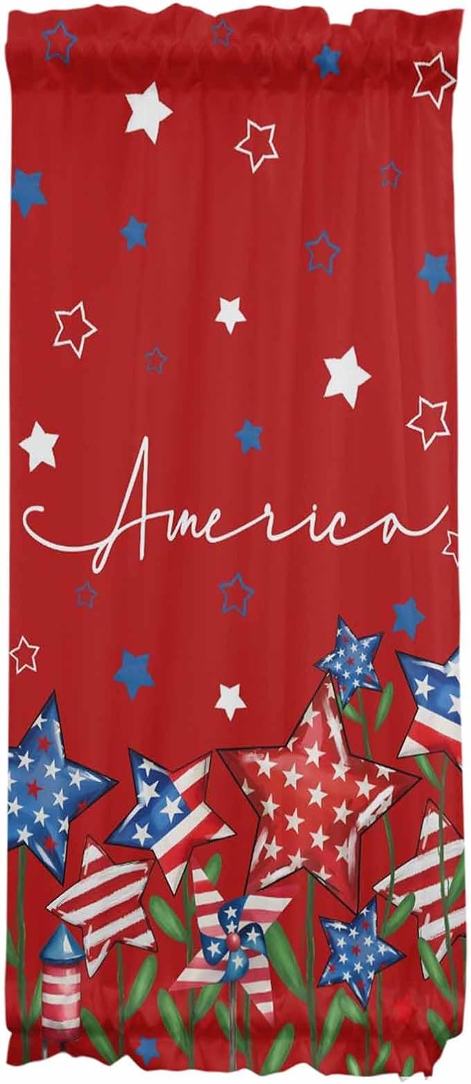 French Door Curtain Panel for Front Door, Red Blue Star American Flag Independence Day 4th of July Slidelight Door Curtains with Tieback Light Filtering Privacy Panels for Doorway Entryway 25"x 40"