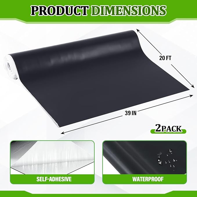 Pushglossy 2 Rolls EPDM Rubber Roofing Membrane 39" x 20ft, Self-Adhesive Waterproof Underlayment, 47 Mil Reinforced Flat Roof Sheet, Ice and Water Sheet for RV, Shed, Garage and Patio