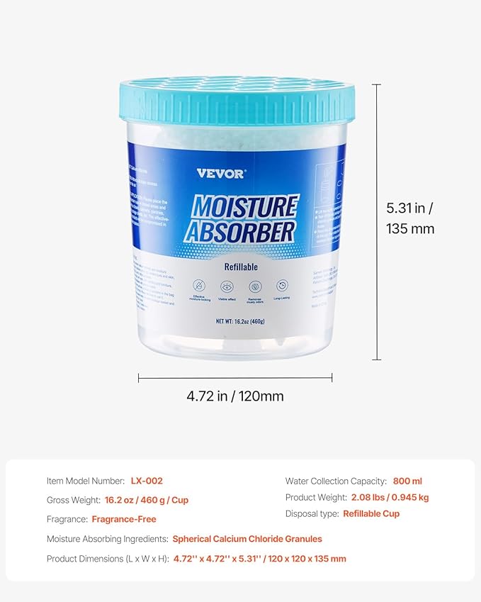 VEVOR Moisture Absorber Bucket, 2 Packs 16.2 oz Hi-Capacity Moisture Absorber Bucket with 800ml Storage Area & Reusable Outer Bucket for Long-Term Use, Fragrance Free Moisture Absorber for Fresher Air