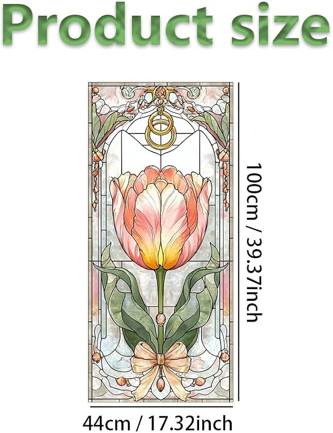 Window Film 17.3 x 39.4 Inch Tulip Stained Glass Inspired Design PVC Decorative Privacy Window Covering for Home Entryway Living Space Artistic Glass Surface Style
