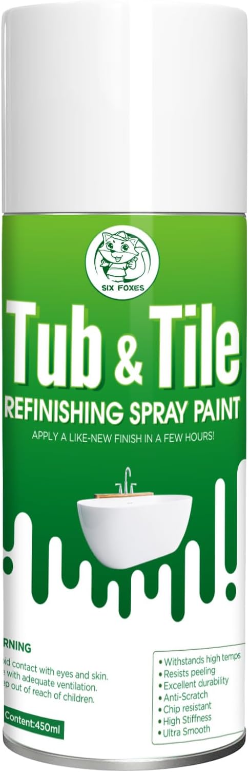 SIX FOXES Tub and Tile Spray Paint (White), 450ml × 1 Can, DIY Tub and Tile Spray Paint for Resurfacing Bathroom Sink Countertop