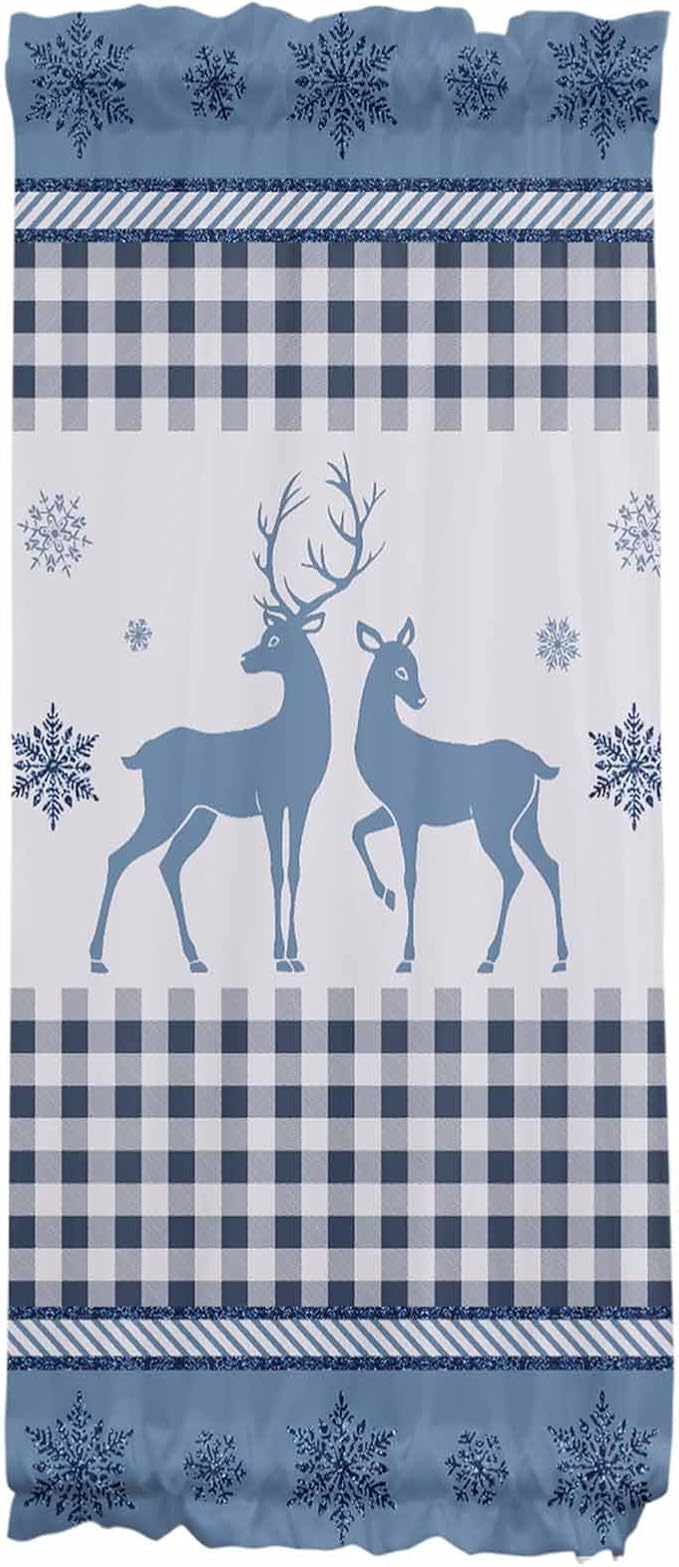 Christmas French Door Curtain Panel for Front Door, Steel Blue Xmas Deer Silhouette Plaid Snowflakes Slidelight Door Curtains with Tieback Light Filtering Privacy Panels for Doorway Entryway 25"x 40"