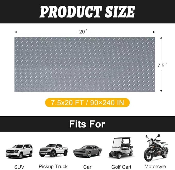 7.5x20 FT Garage Floor Mat, 2.8mm Thickened Flooring Roll Under Car Mat with 20Pcs Tapes, Diamond Plate, Non-Slip Floor Protector Mat for Trailer, Garage, Warehouse, Gyms, Trailer, Gray