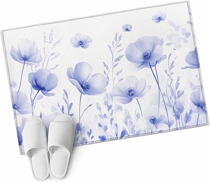 Flower Entryway Rug 2'x3', Blue Small Area Rug Non-Slip Front Door Mat Washable Floor Carpet for Indoor Entrance Kitchen Bathroom