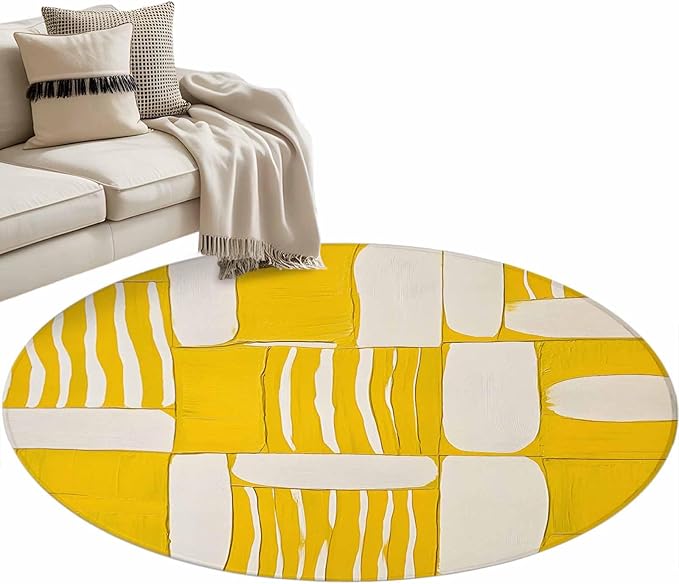 Impressionist Style Round Rug 4 Ft, Yellow Abstract Blurred Color Circle Area Rugs Washable Non Slip Indoor Floor Mats Carpet for Living Room Bedroom Dining Room Home Decor