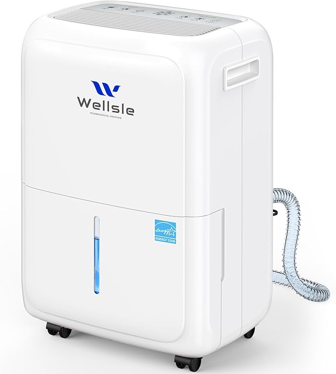 Most Efficient Energy Star Dehumidifier, Wellsle Smart Dehumidifier for Basement and Home, Humidity Adjustment with 0.4 Gal Water Tank and Drain Hose 34dB Quiet Operation for Bedroom (52 Pints)