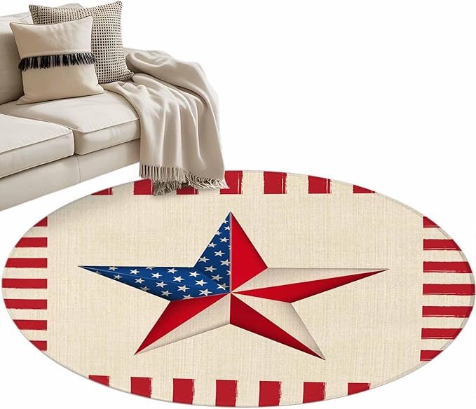 Farmhouse American Flag Pentagram Round Rug 4 Ft, Circle Area Rugs Washable Non Slip Indoor Floor Mats Carpet for Living Room Bedroom Dining Room Home Decor