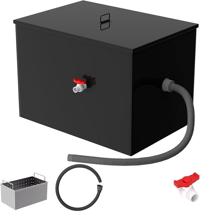 30LBS Commercial Grease Interceptor Trap, 12 GPM Under Sink Separator with Carbon Steel Grease Trap Gasket, Grease Liner, Strainer, Container, Trap Cleaner for Home, Kitchen