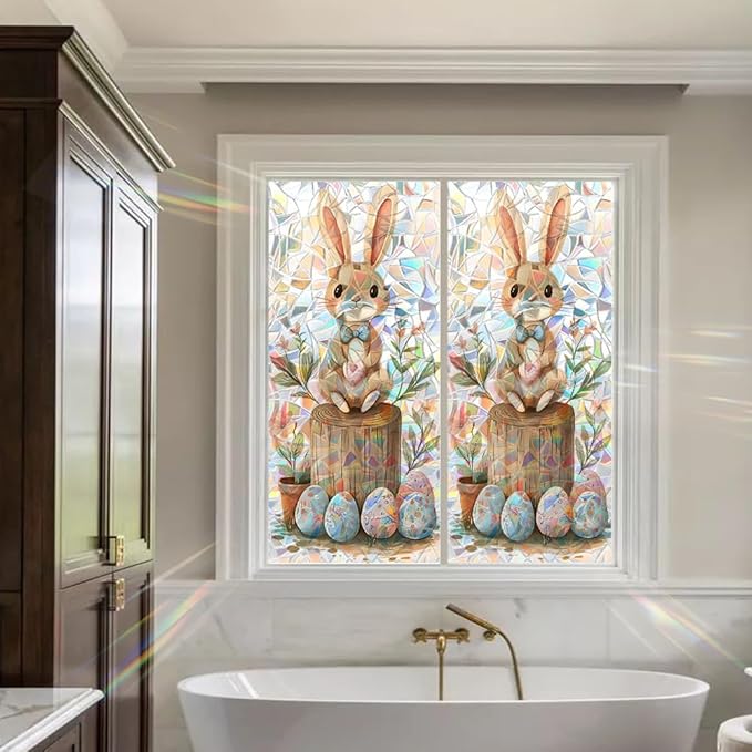 Window Film 17.3 x 39.4 Inch Easter Bunny and Painted Egg Design PVC Decorative Privacy Window Covering for Seasonal Home Styling Spring Glass Surface Decor