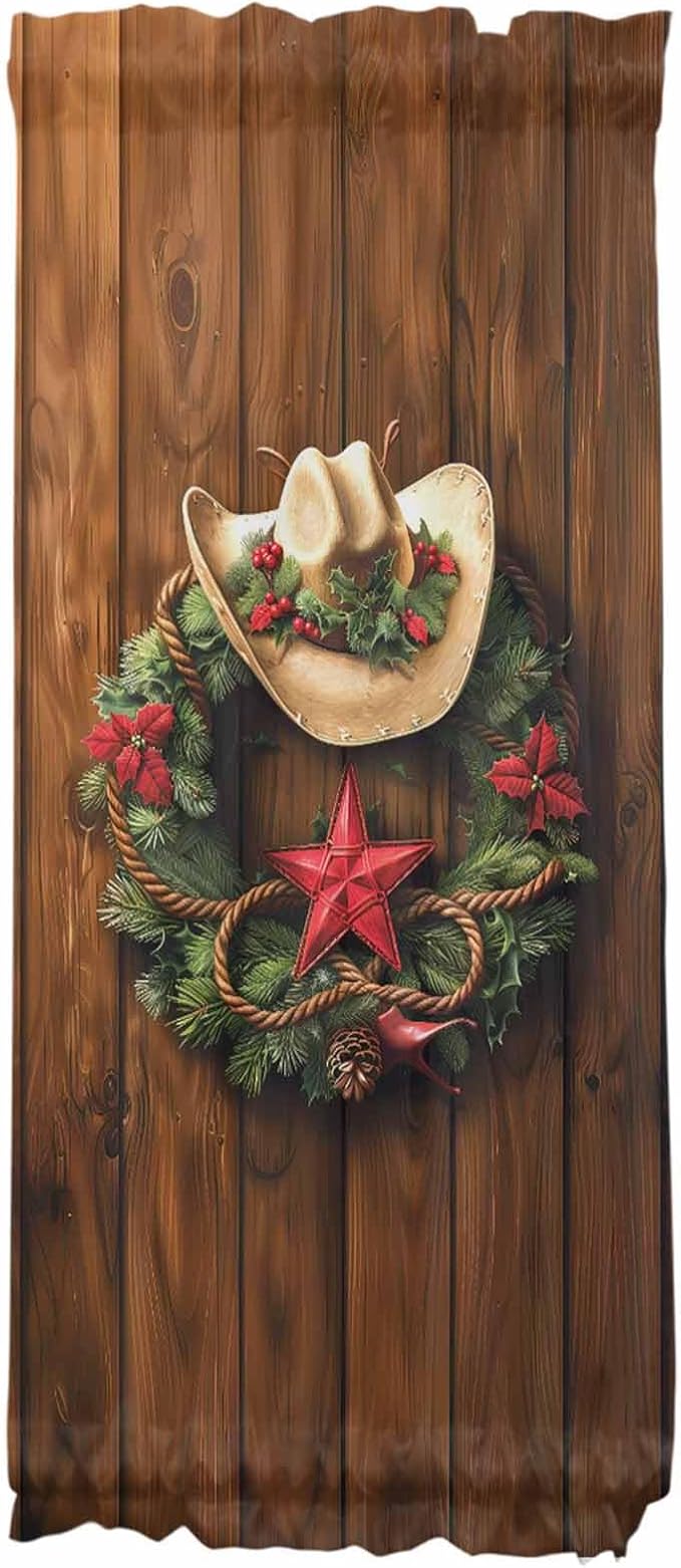 Christmas French Door Curtain Panel for Front Door, Dark Brown Wood Texture Christmas Wreath Cowboy Hat Slidelight Door Curtains with Tieback Light Filtering Privacy Panels for Entryway 25"x 40"