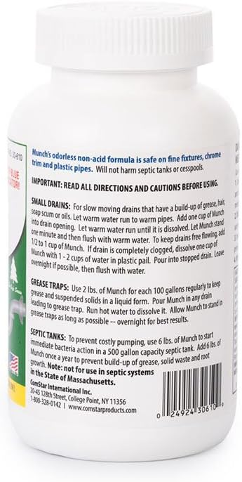ComStar Munch, 1 Pound, Industrial-Strength Cold-Water Activated Bead Drain Opener, Clear Clogged & Slow Drains, Grease Traps, Septic Systems, Made in USA (30-610)