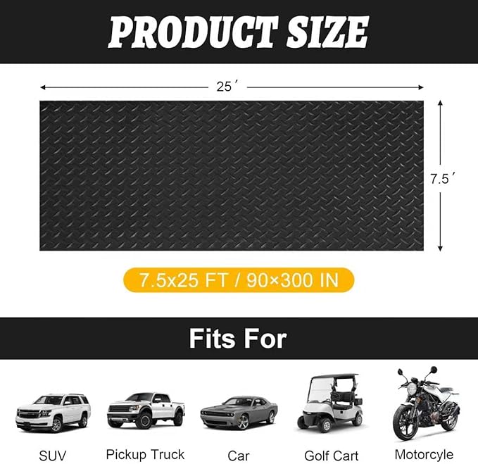7.5x25 FT Garage Floor Mat, 2.8mm Thickened Flooring Roll Under Car Mat with 20Pcs Tapes, Diamond Plate, Non-Slip Floor Protector Mat for Trailer, Garage, Warehouse, Gyms, Trailer, Black
