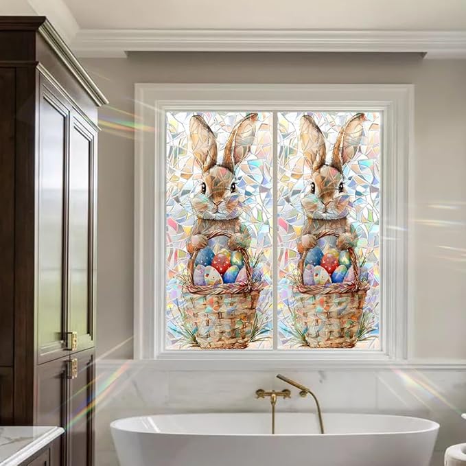 Window Film Mat 39.4 x 17.3 Inch PVC Bunny Easter Basket Window Film Crescent Texture Decorative Glass Covering with Sunlit Glossy Shine for Bathroom Kitchen Living Room Privacy Accent