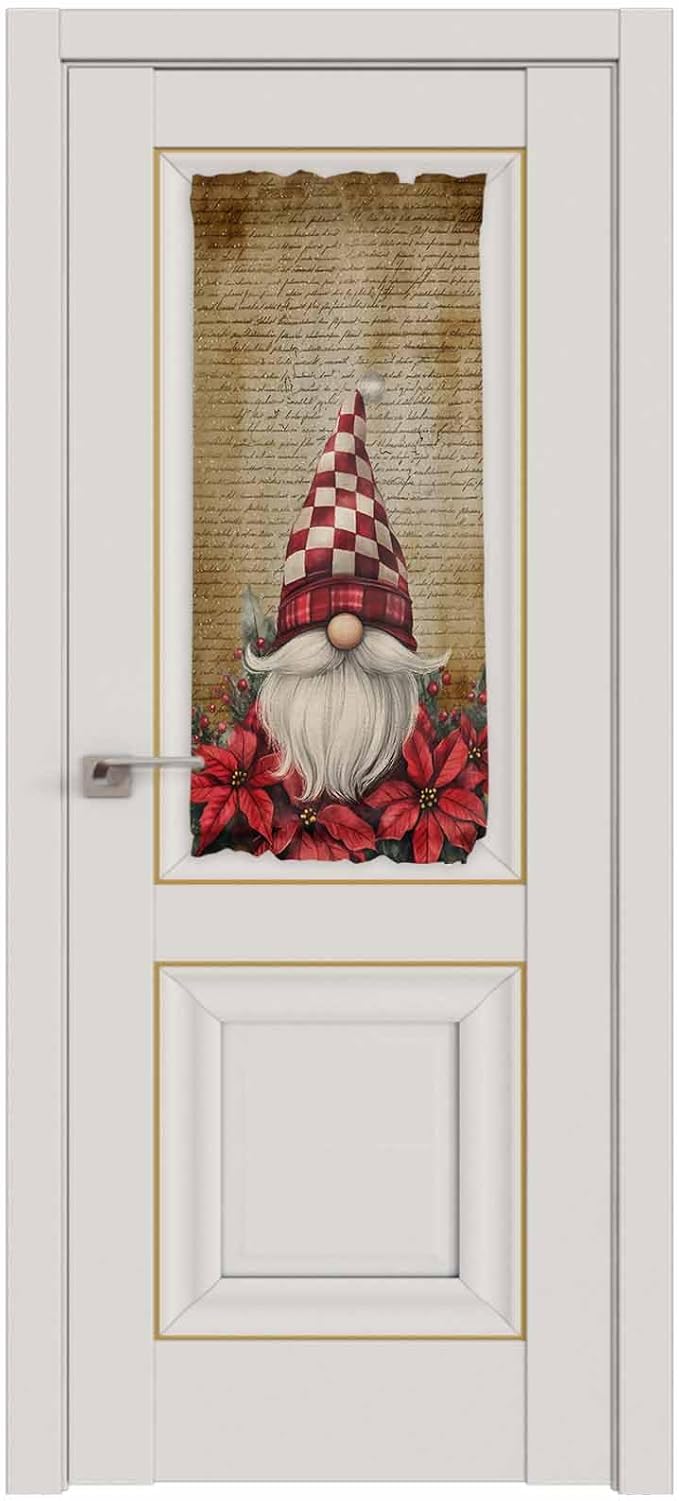 Christmas French Door Curtain Panel for Front Door, Vintage Letter Paper Xmas Dwarf Poinsettia Slidelight Door Curtains with Tieback Light Filtering Privacy Panels for Doorway Entryway 25"x 40"