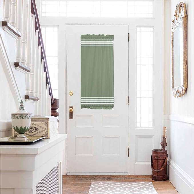 French Door Curtain Panel for Front Door, Dark Green Strips Slidelight Door Curtains with Tieback Light Filtering Privacy Panels for Doorway Entryway 25"x 40"