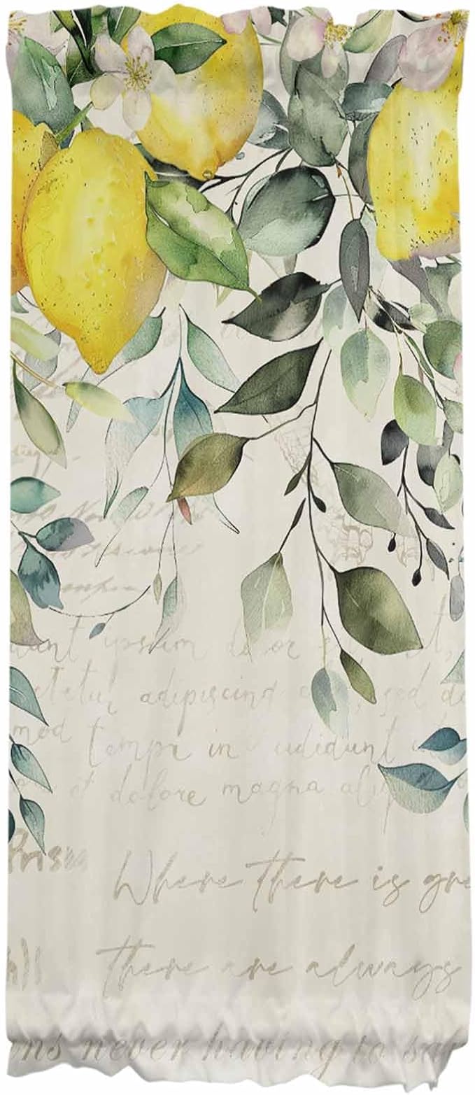 French Door Curtain Panel for Front Door, Vintage Lemon Botanical Plant Eucalyptus Leaves Sage Green Slidelight Door Curtains with Tieback Light Filtering Privacy Panels for Doorway Entryway 25"x 40"