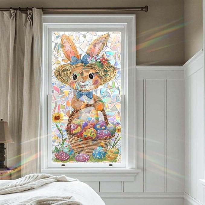 Easter Window Film Bunny with Basket of Colorful Eggs Spring Floral Artwork Decorative PVC Window Film for Entryway Bedroom Playroom Adds Cheerful Holiday Window Style