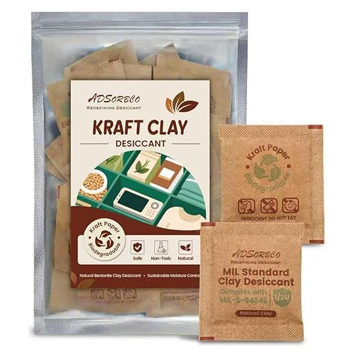 ADSorbco 18g x 25 Pack Bentonite Clay Desiccant Packs– Food Grade Moisture Absorbers for Pet Food, Tea, Dry Grains, Spices, Storage Bins – Silica Gel Packets Alternative, Desiccant Packs for Storage
