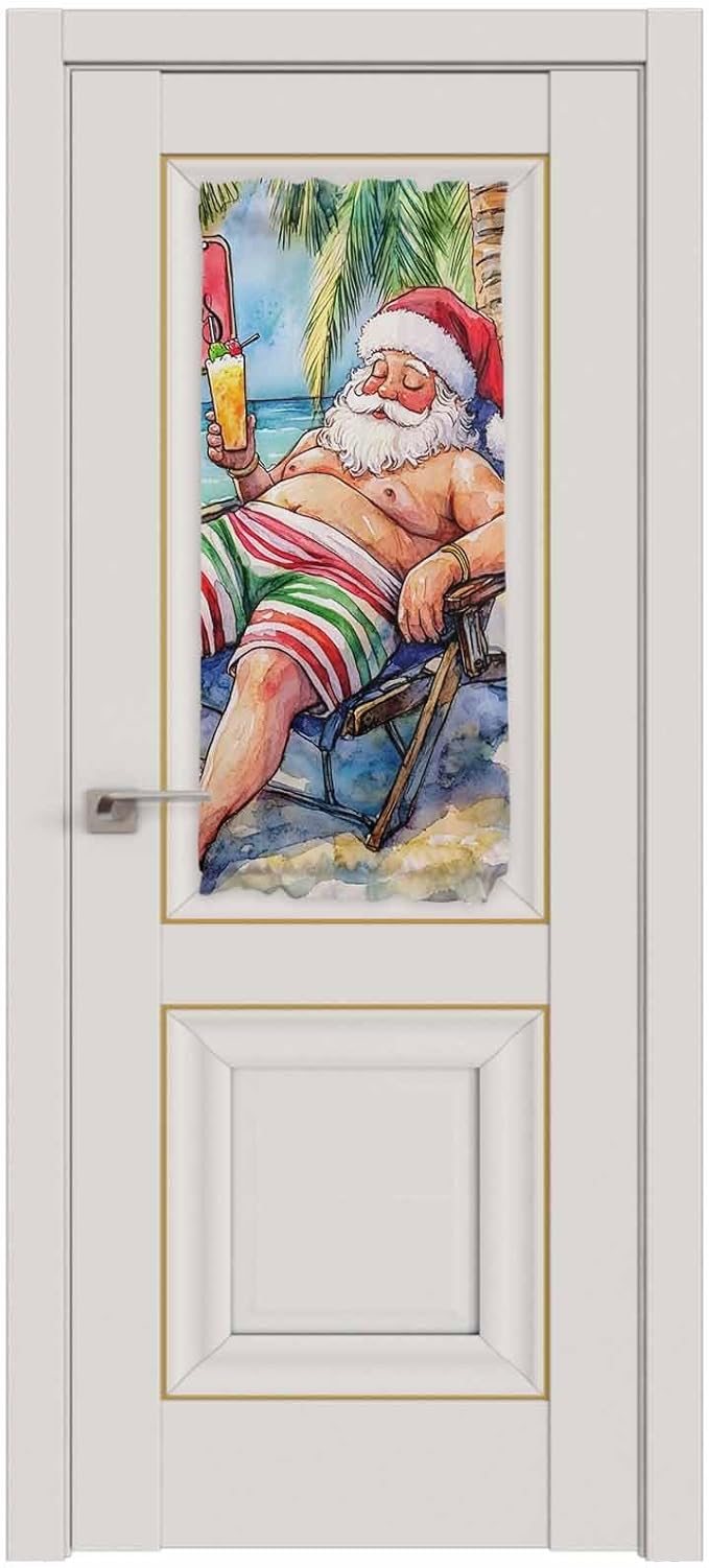 Christmas French Door Curtain Panel for Front Door, Merry Christmas Santa Claus Coconut Tree Slidelight Door Curtains with Tieback Light Filtering Privacy Panels for Doorway Entryway 25"x 40"